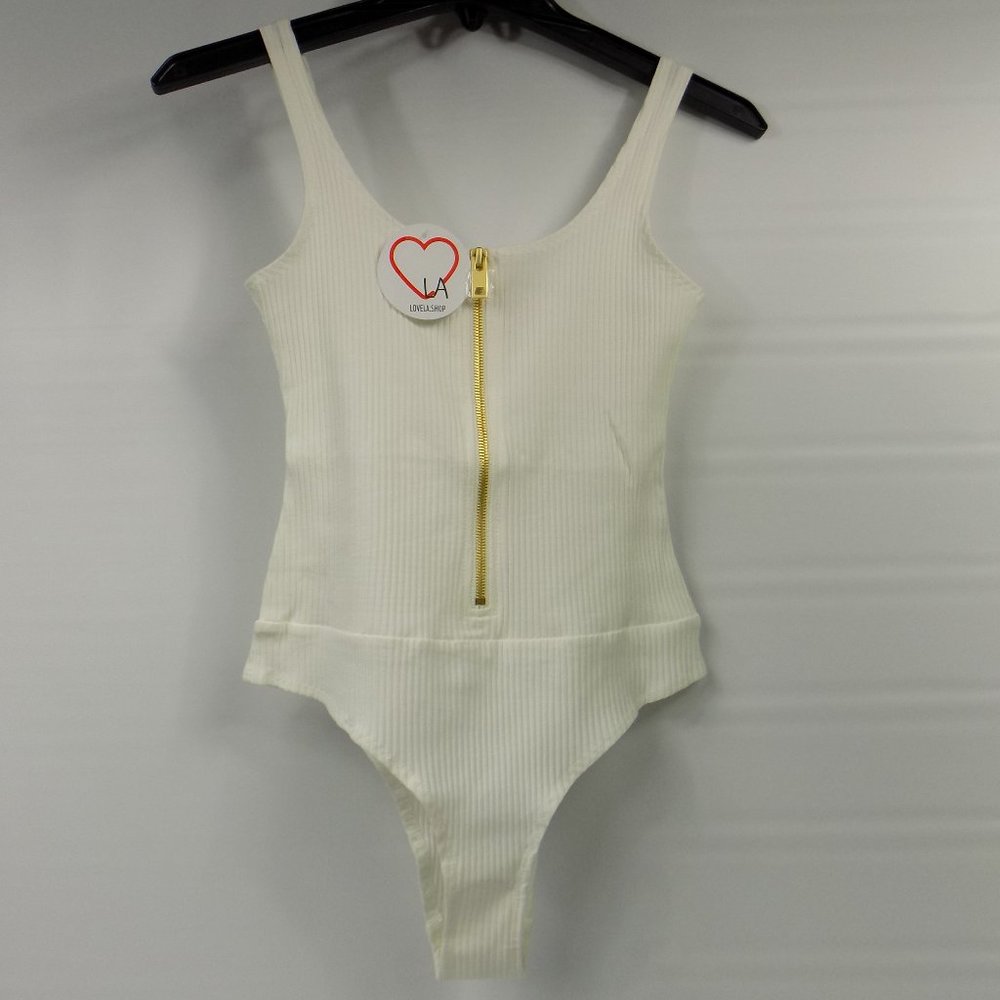 LoveLA Amanda Zip Front Tank Top Bodysuit White NWT Petite Size S
